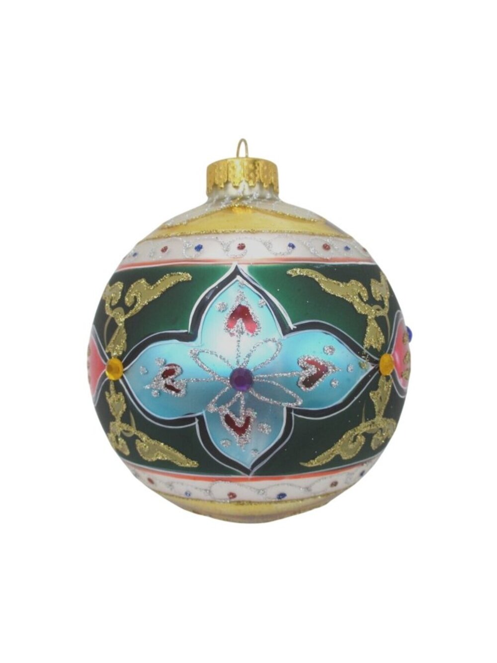 Glass Christmas Ornament With Intricate Floral Design & Glitter 4" Round